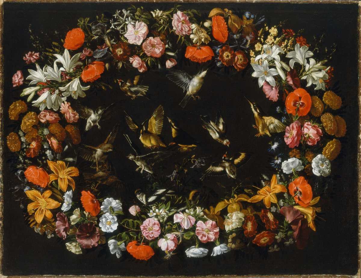 Grande ghirlanda di fiori con due rondini
